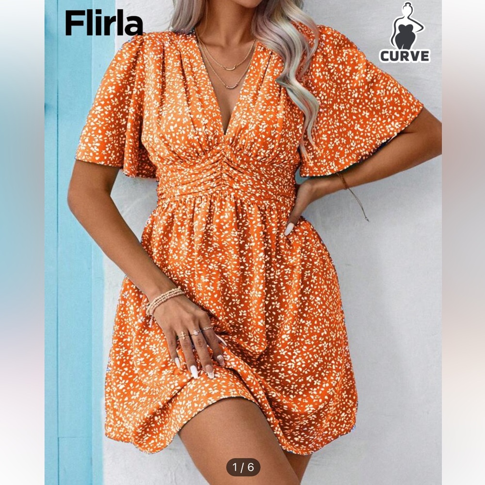 SHEIN Orange Floral Short Sleeve Mini Dress